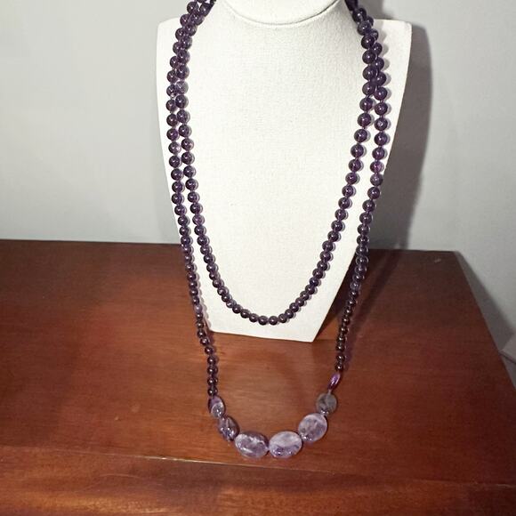 Purple Amethyst Beaded Necklace Very Long Round Beads Flat Stone Unique - Picture 3 of 12